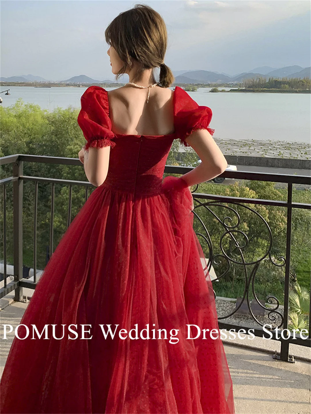 Square Neck Red Prom Dress Korea A-Line Customized Wedding Evening Dresses Formal Dress Elegant Party Dress Evening Gowns