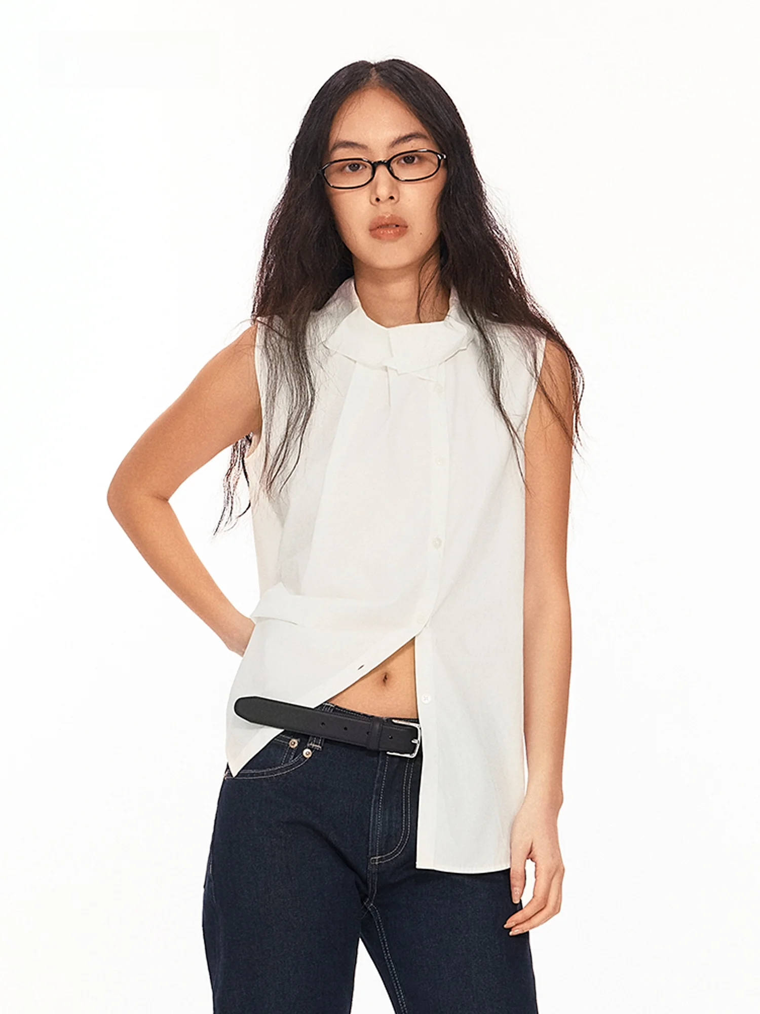 

Женская блузка LUMIEN без рукавов, свободный крой, с воротником-стойкой, весенняя новинка, белая, универсальный топ, повседневный стиль, хлопок 50%