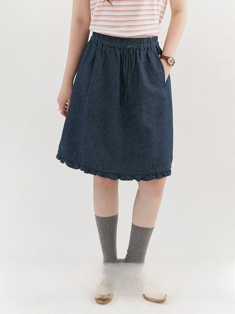 Blue Ruffle Hem Denim  Skirt Women's Summer New Style A-Line Pocket Half-length Skirt Drawstring Elastic Waist Commute Ko...