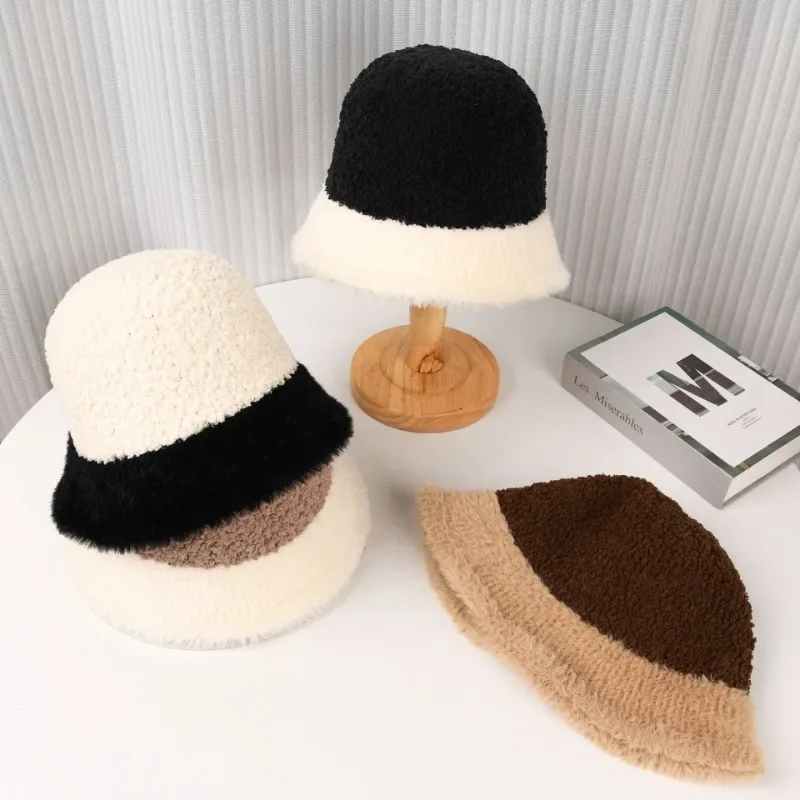 2024 New Korean Version Color Matching Knitted Bucket Hat Women's Winter Ear Protection Foldable Temperament Versatile Basin Hat