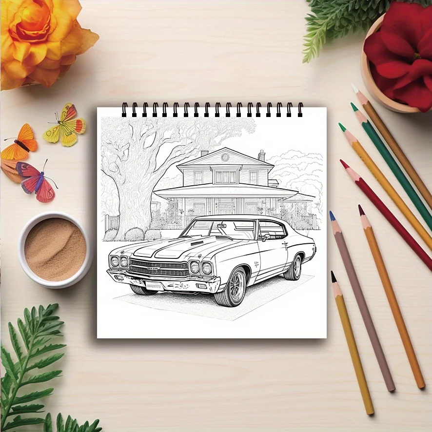 Buku Mewarnai 7.87x 7.87 inci 32 halaman buku mewarnai mobil - cocok untuk menenangkan, hadiah pesta liburan, hadiah ideal untuk keluarga