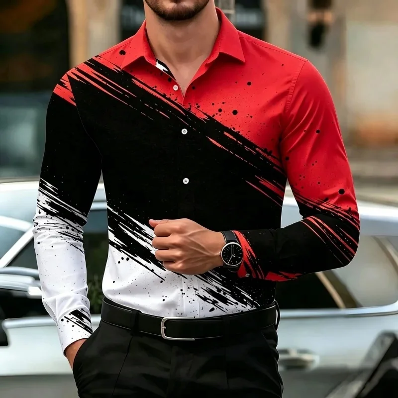 2026 New Men's Shirt Street Style Shirt Splicing Graffiti Printed Long Sleeve Shirt Personalized Trendy Business Casual Top