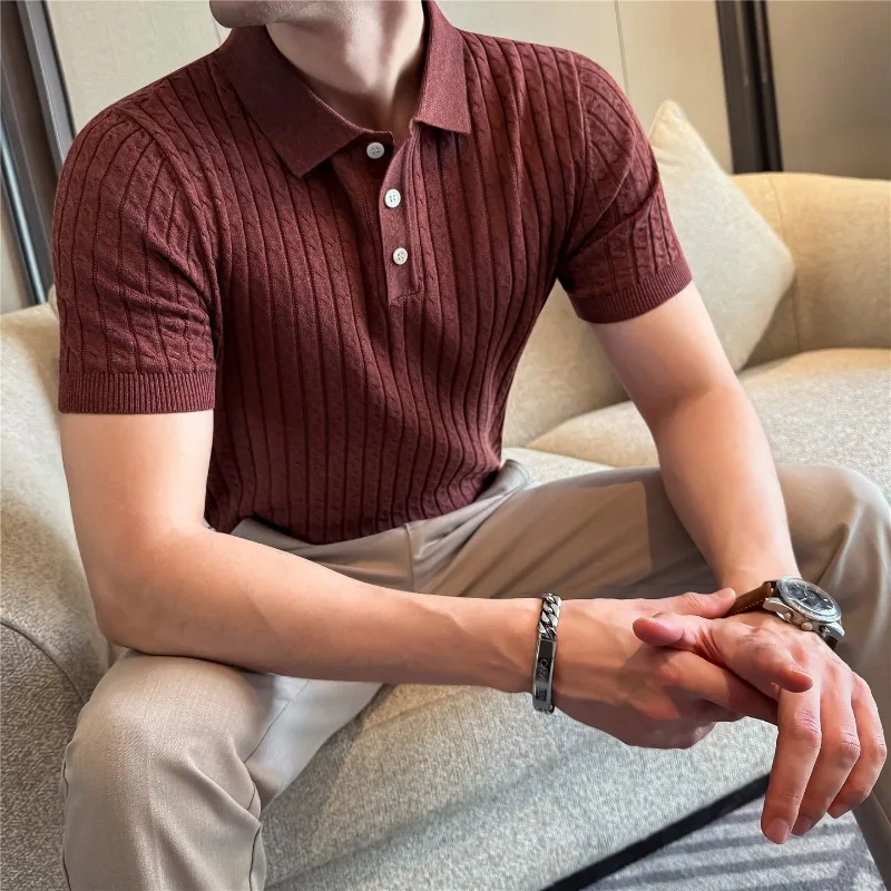 High Stretch Men Short Sleeved Polo Shirt Summer Light Thin Breathable Slim Fit Top Solid Casual Jacquard T-shirt Men Clothing