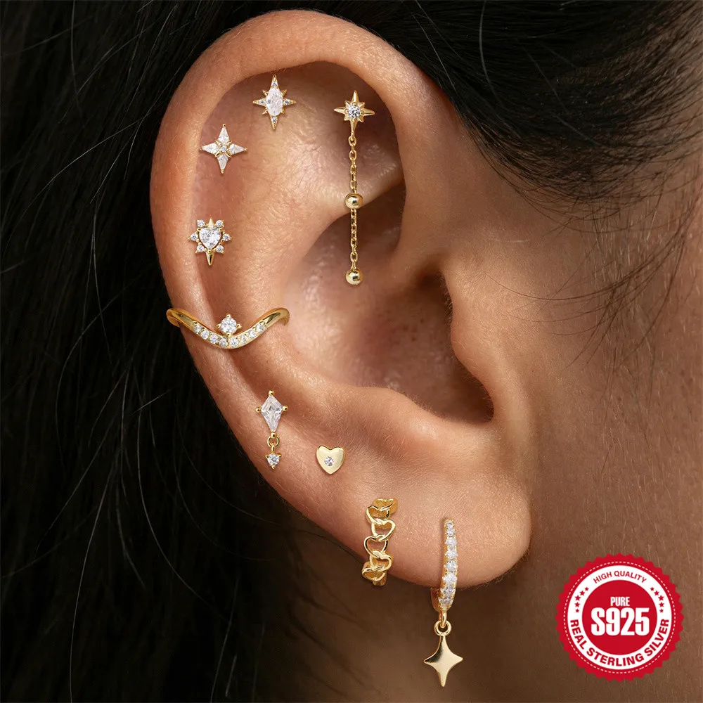 AIDE 925 Sterling Silver Star Chain Tassel Piercing Earrings For Women Skeletonized Heart-shape Hoop Birthday Gifts Fine Jewelry