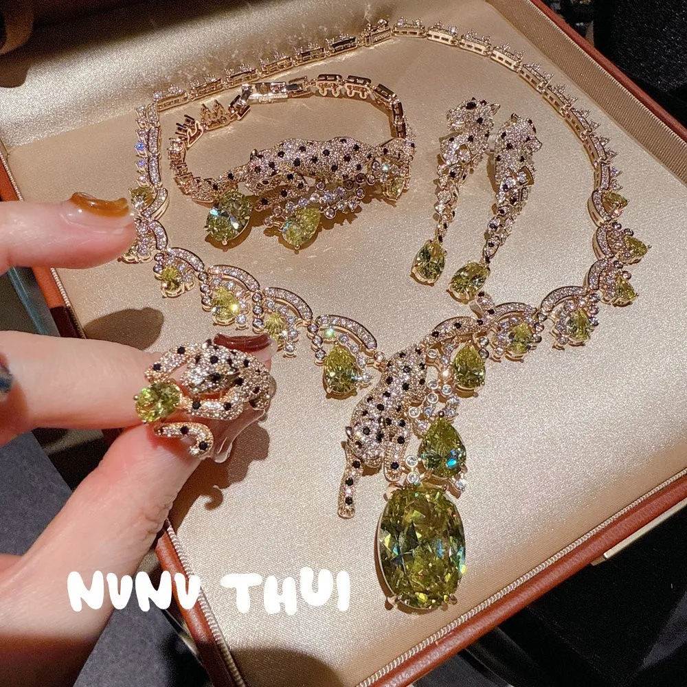 

Women's Vintage Cheetah Zircon Gemstone Yellow Fluorite Bracelet Ring Earrings Necklace Set