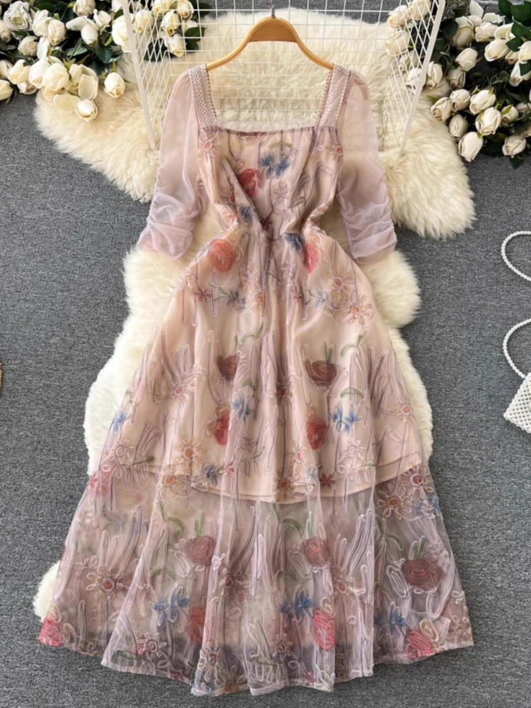 

French Elegant Vintage Dress Flower Print Square Collar Short Sleeve Pleated Long Dresses Summer Female Slim Women Clothing 2025