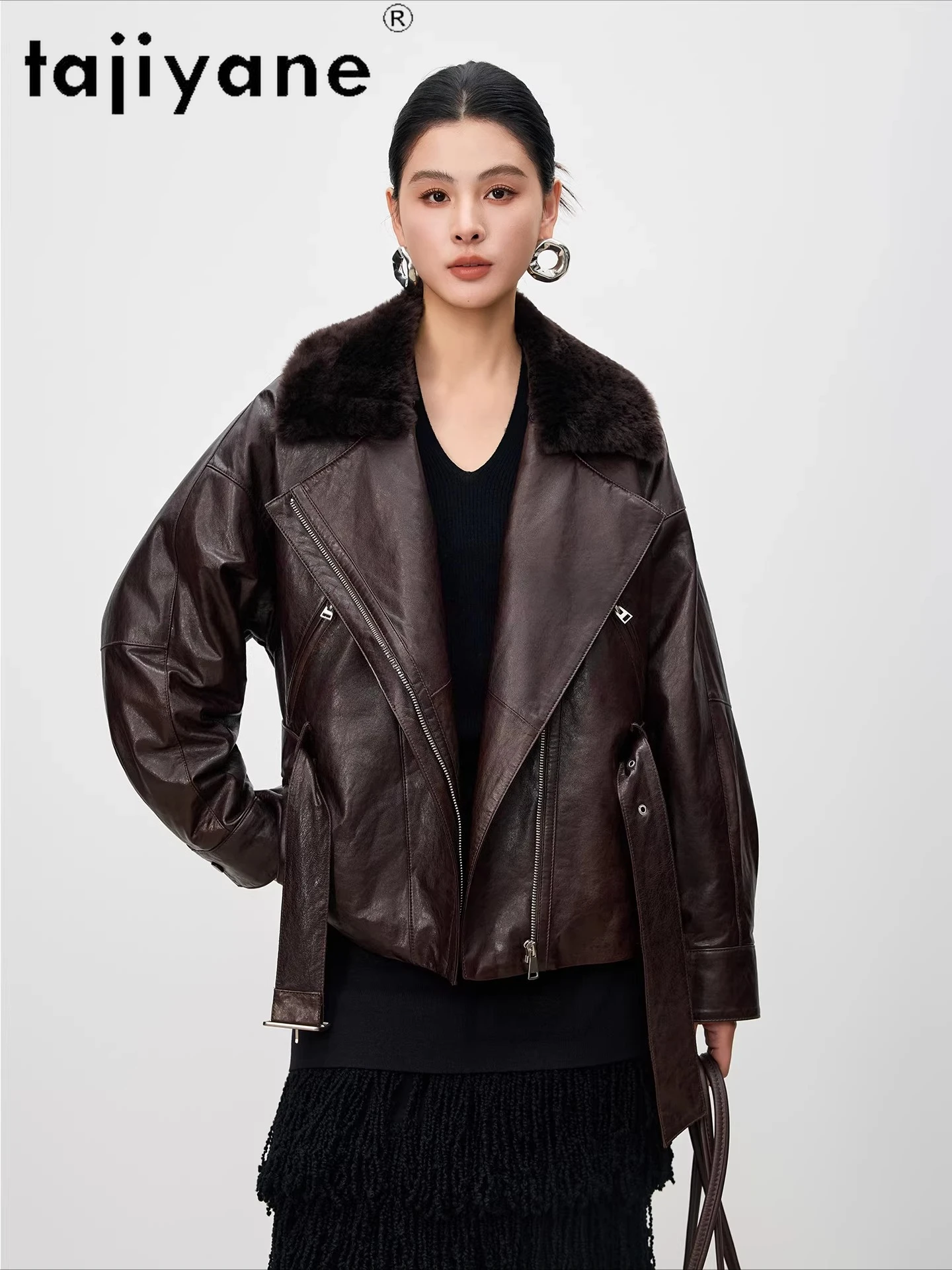 TAJIYANE Cappotto in piuma d'oca di pelle di pecora Donna Colletto in lana Piumini Giacca corta in vera pelle con cintura 2025 Abiti invernali шу sì