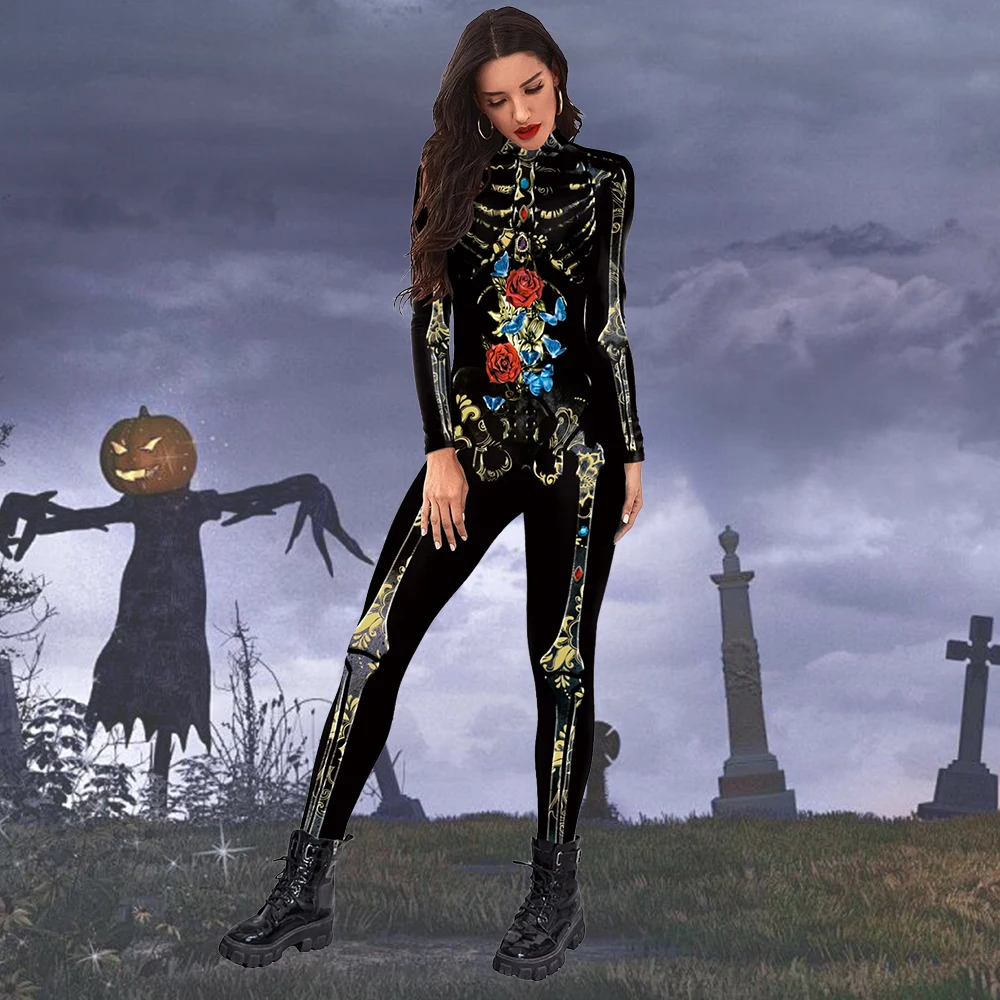 

Готический комбинезон со скелетом, розовая ведьма, карнавальный костюм, боди на Хэллоуин, костюм зентай на день мертвых, вечерние комбинезон