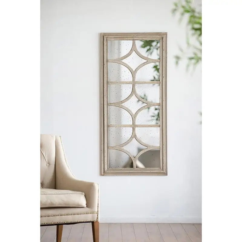 

28"x59" Rectangular Mirror with Distressed White Frame, Decorative Window Design, Vertical or Horizontal Orientation