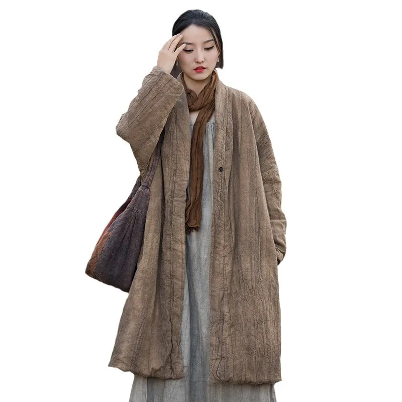 

Women's Handmade Tie-Dyed Long Coat, Zen Wandering Style Distressed Cotton Padded Jacket, Winter Thickened Ramie Linen Blend