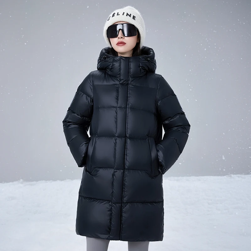 Women Thick Warm Loose Down Jacket White Duck Down Fashion Outerwear Hooded Winter Outdoor Windproof Leisure Long Puffer Coat