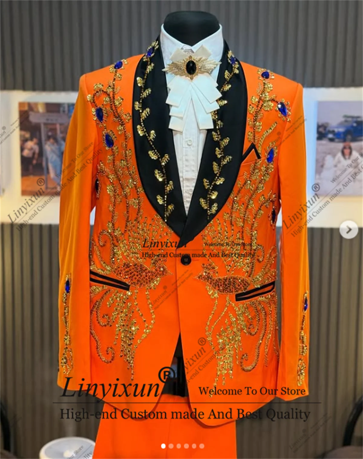Shiny Beaded Diamond Men Suit 2 Pieces Sets Wedding Groom Tuxedo Glitter Lapel Male Prom Blazer Customized Slim Costume Homme
