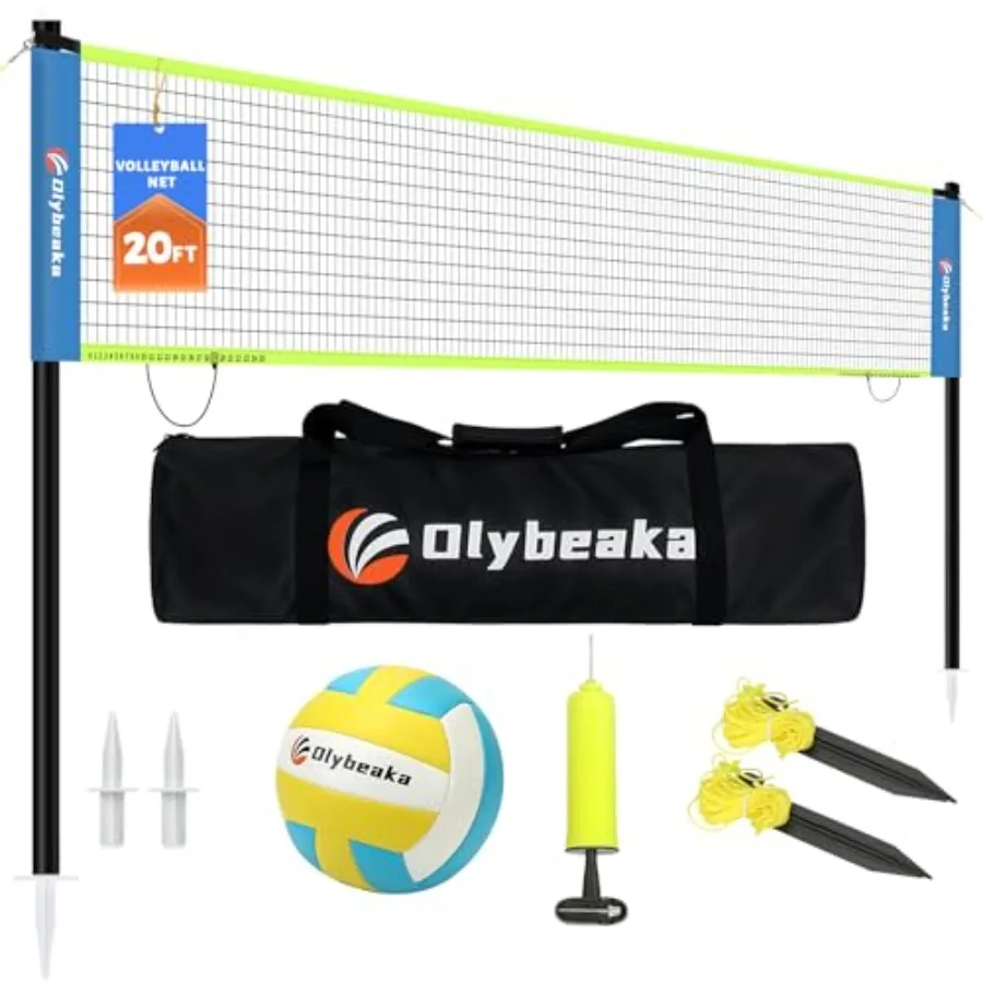 

20FT Outdoor Volleyball Net Set System for Backyard Beach with Anti-Sagging Net Iron Adjustable Height Poles Soft PU Volleyball