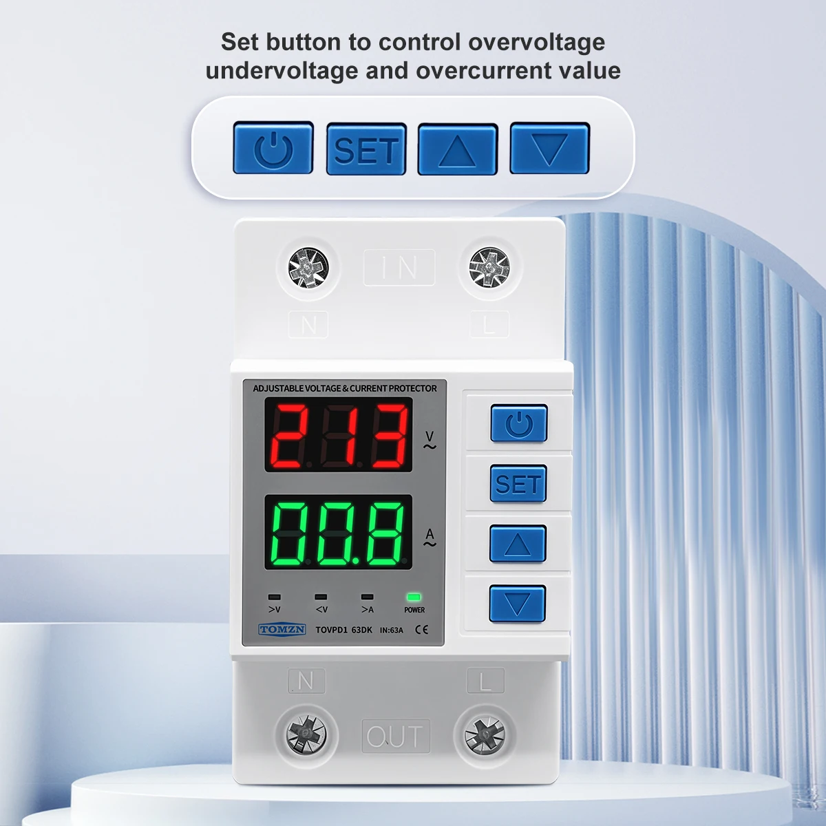 TOMZN TOVPD1-63DK Isolate L N 110V 230V AC Din Rail OVP OCP UVP Voltage Protector 63A Relay Automatic Adjustable Delay-ON