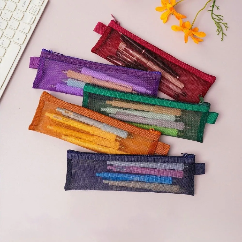 New Transparent Pen Bag Nylon Mesh Square Shape Pencil Case Large Capacity Stationery Pouch Student Examination Pouch