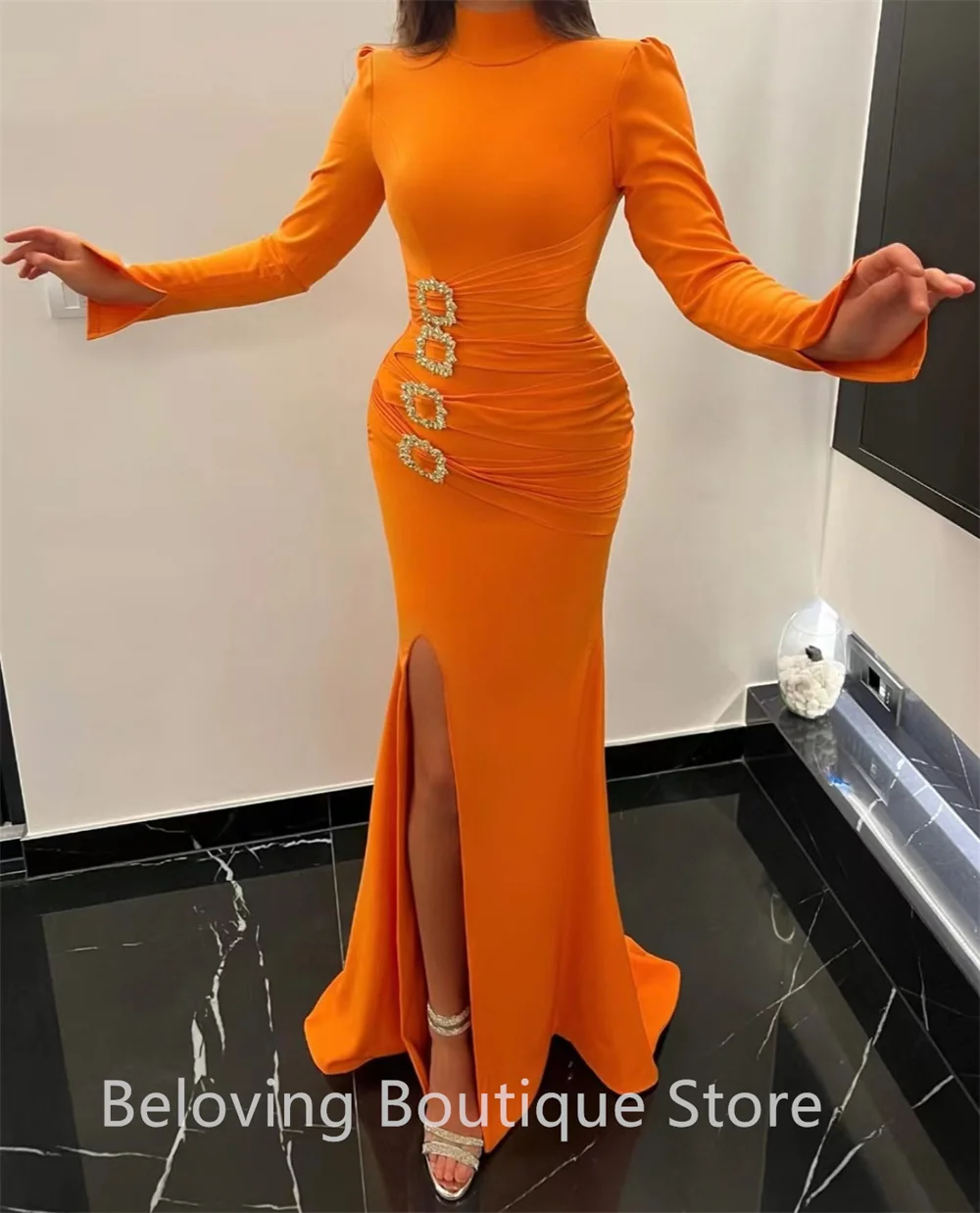 

Muslim Mermaid Orange Evening Dresses Long Sleeves Elegant Split Side Formal Occasion Dress Robes Dubai Beaded Prom Party Gowns