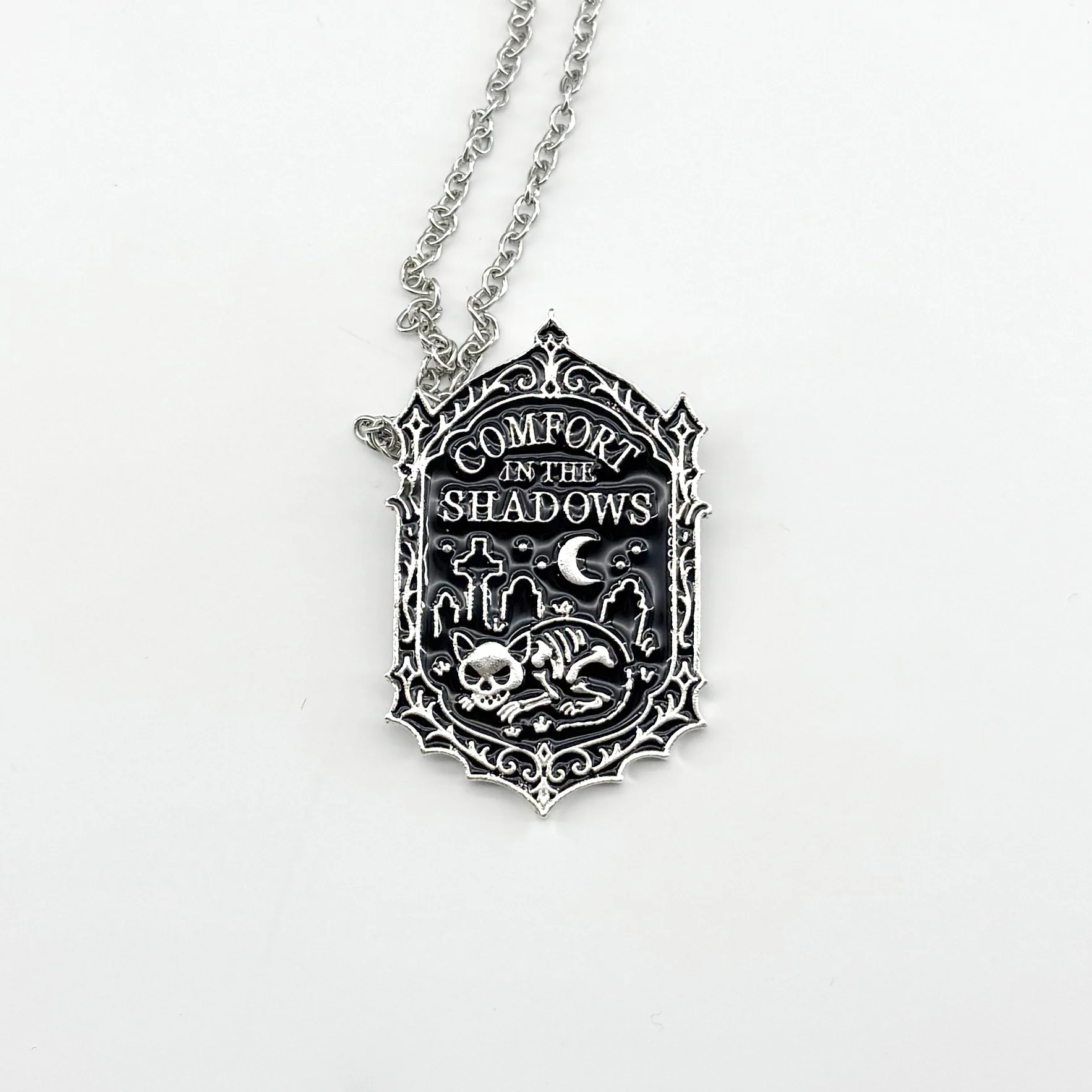 Death Cat Tombstone Necklace,Gothic jewelry,Witch accessories,COMFORT IN THE SHADOWS,Mystery,Moon,Skull Cat Choker For Women Man