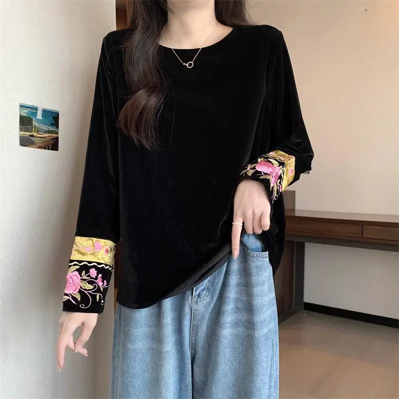 

2023 Autumn/Winter Embroidery Chinese Style Large Size Bottom Shirt High End Golden Velvet Top Women's T-Shirt Blouse Z4500