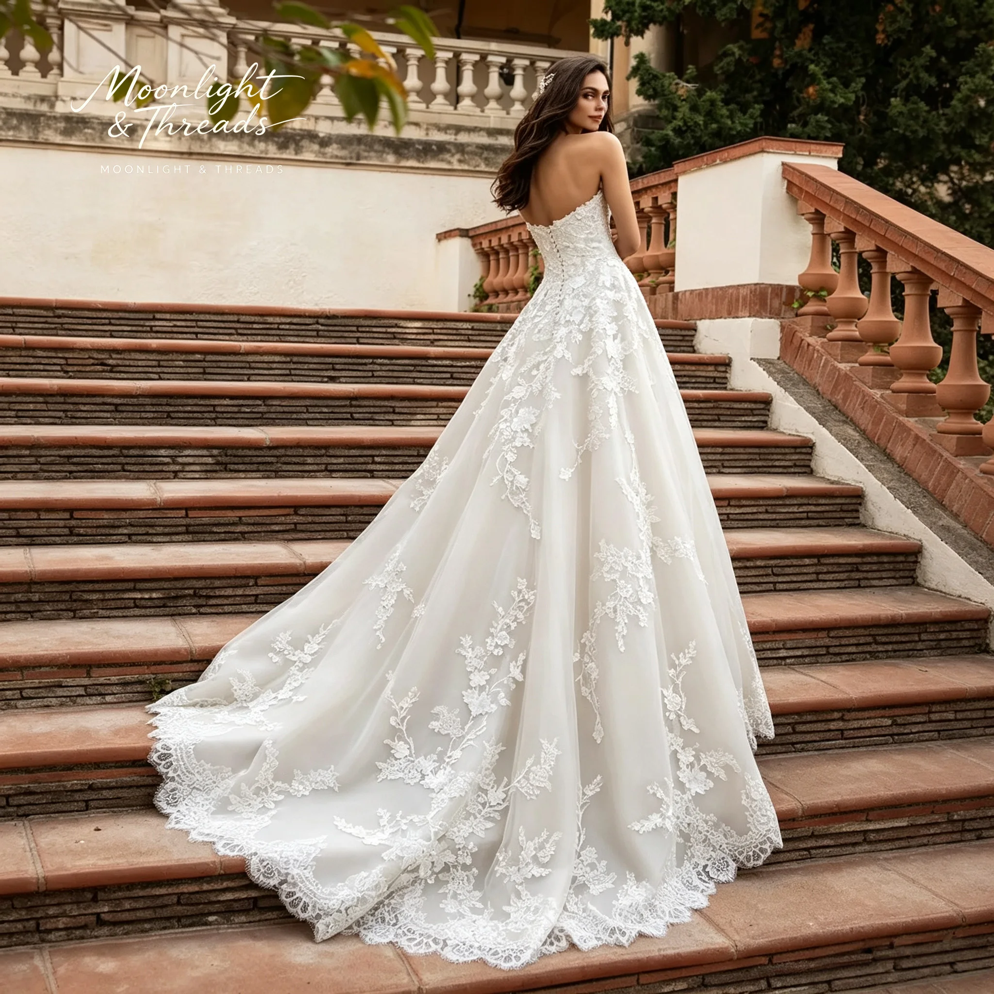 Boho Strapless Sweetheart Neckline Bridal Gown 3D Floral Lace Appliques Corset A Line Wedding Dress With Train view 4