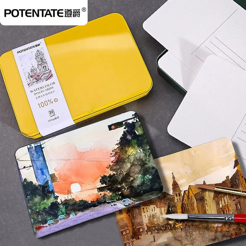 Potentate Watercolor Paper Artist-grade 100% Cotton A6 Watercolor Papers 300g Postcard Tin Box Travel Sketch Art Supplies