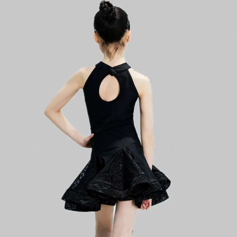 2023 Milk Silk Black Latin Dance Costume for Girls with Ruffled Hemline Standard Professional Grade Children's Performance Dress