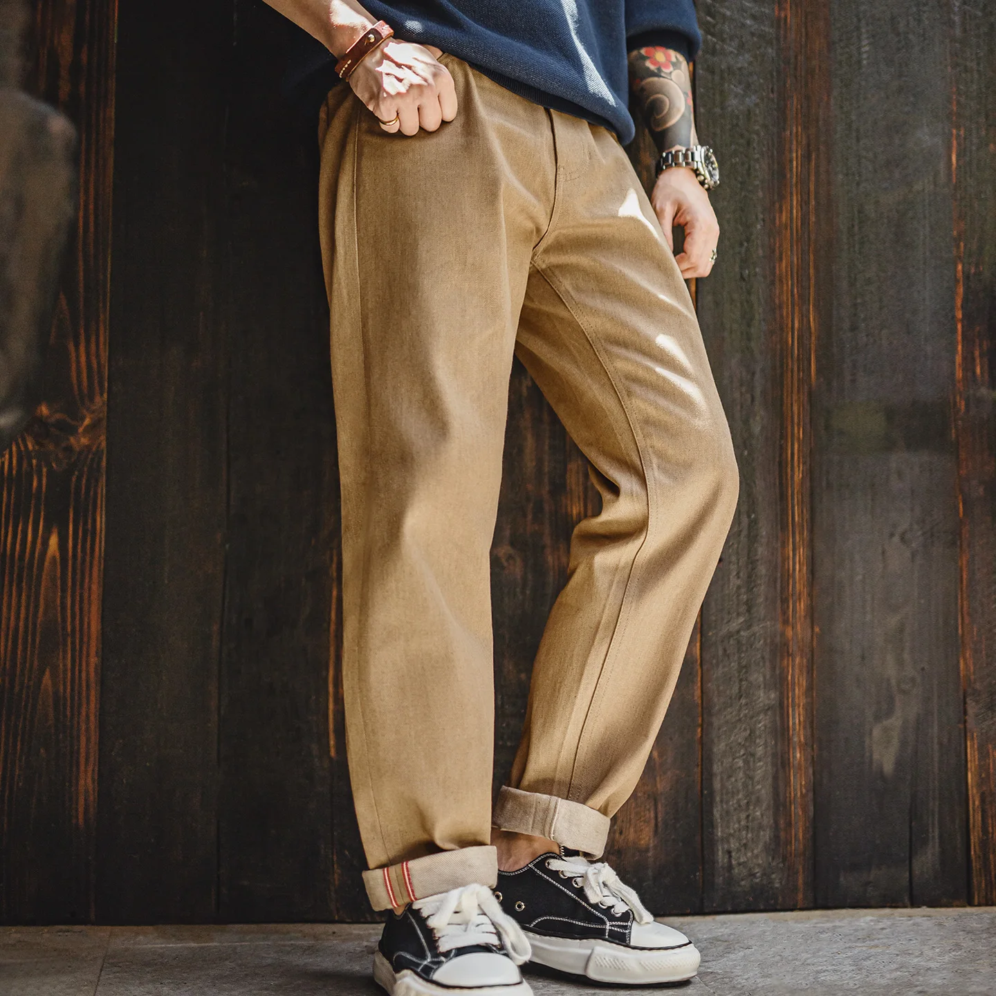 Maden Men’s Vintage 11.7oz Selvedge Raw Jeans Khaki Straight-Leg Cotton Cowboy Pants Casual Zip Fly Trousers for Spring Autumn