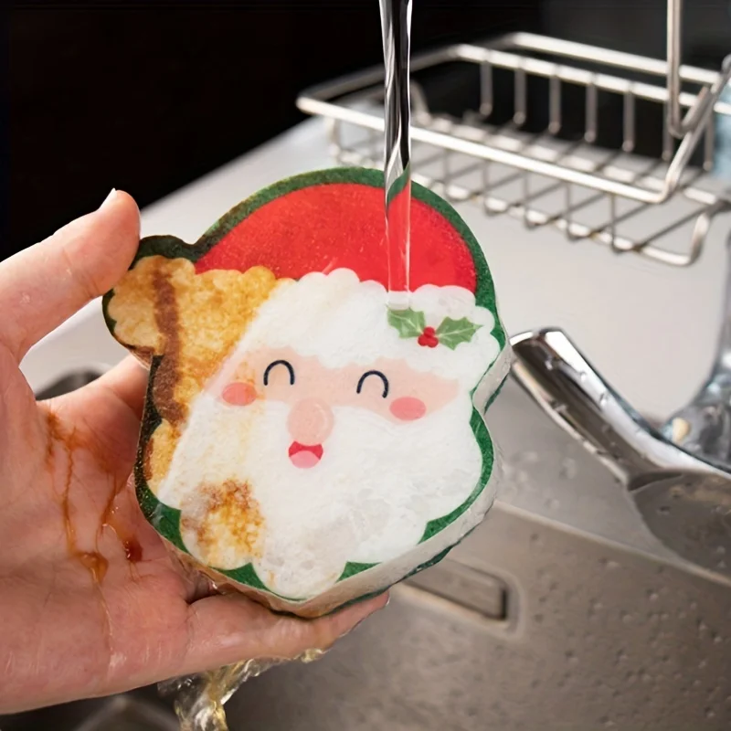 Cleaning Sponge Rubs Santa Claus Dish Brush Wood Pulp Cotton Wipe Christmas Shape Dishcloth Kitchen Bathroom Cleaning Supplies