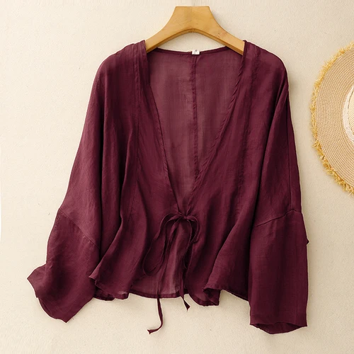Camisa tipo kimono de lino y algodón rojo caqui con lazo frontal para mujer, blusa de verano de manga larga, cárdigan bohemio, Top fino, ropa Vintage