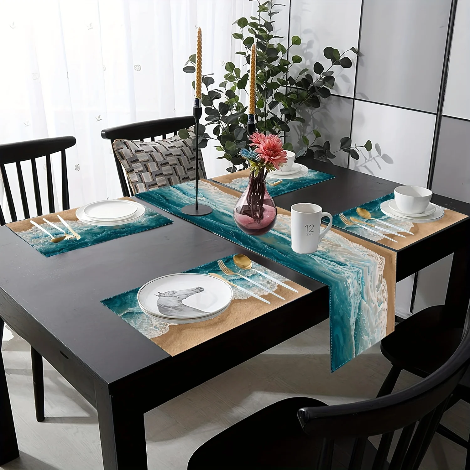 Ocean Wave Tablecloth And Placemat Set, Blue Waves, Kitchen Dining Table Decoration, Suitable for Family Gathering Decor