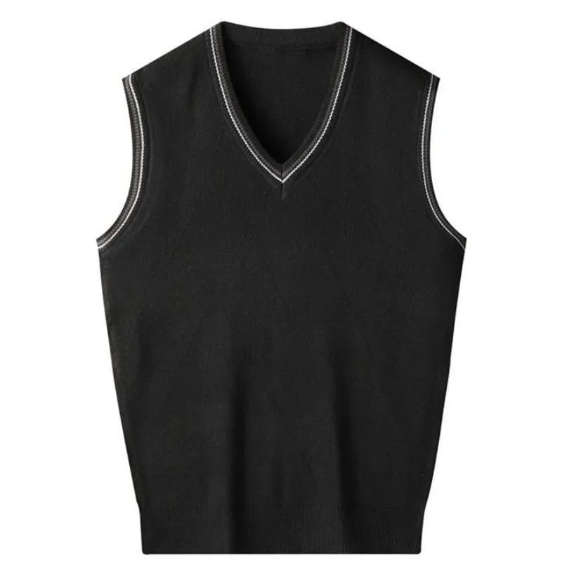 Solid Color Vest Black Knitted Sweaters for Men Waistcoat Man Clothes Plain Business V Neck Sleeveless Knitwears Loose Fit Ugly