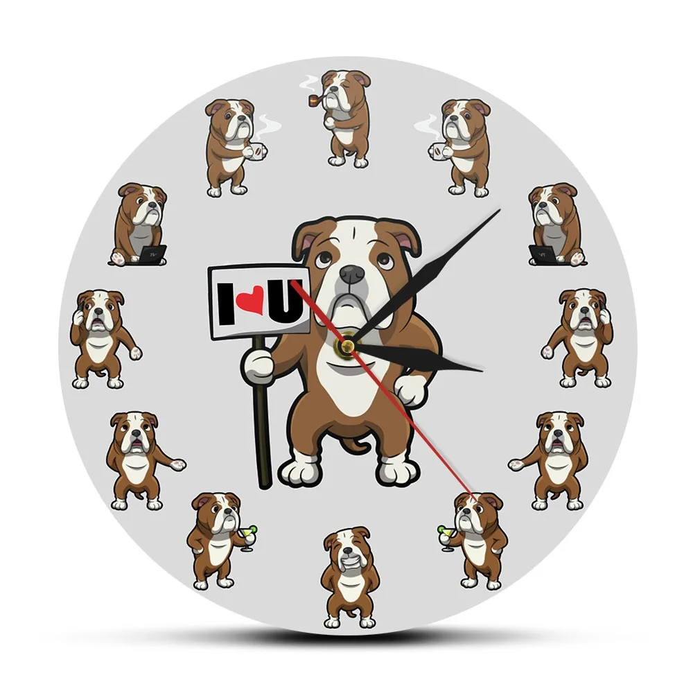 Cute Cartoon Bulldog Wall Clock - Silent Quartz Watch Fun Dog Expression Decor for Living Room Bedroom Ideal Gift for Dog Lovers
