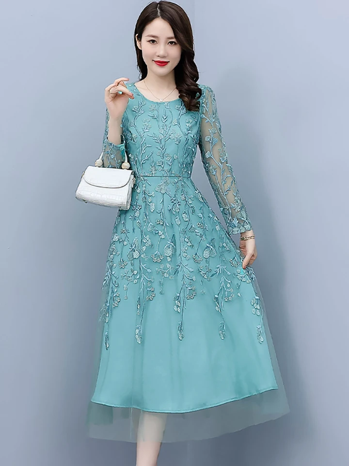 Spring Autumn Embroidery Floral Midi Dress Women Casual Chic Prom Long  Night Dress 2024 Elegant Bodycon Luxury Party Maxi Dress