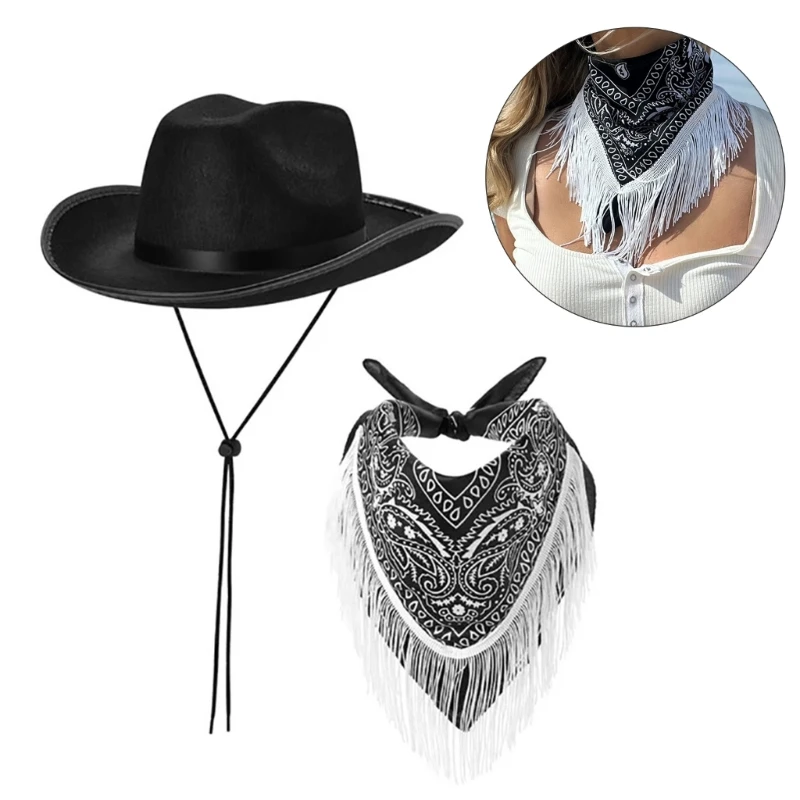 Fringed Cowgirl Costume Set for Bachelorettes Party Cowboy Hat Print Bandanas Women Bridal Shower Costumes NightClub Suit