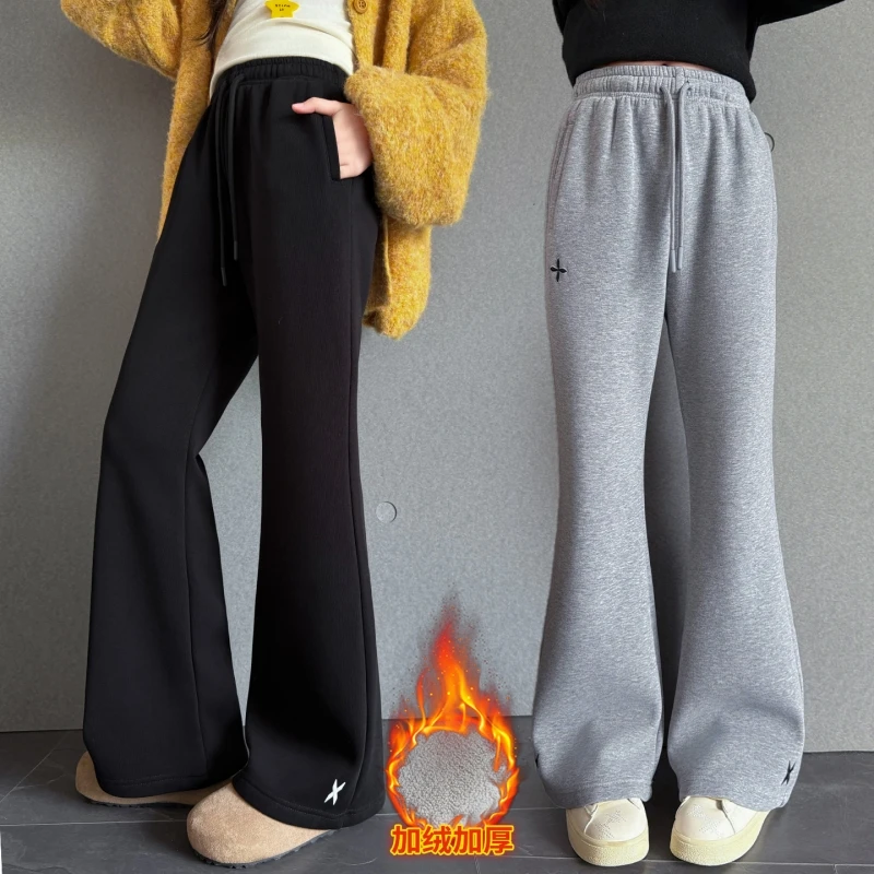 

Teen Girls' Sporty High-Waist Casual Pants, Fleece-Lined Sport Pants, Winter Cotton Blend Comfortable Wide-Leg Casual Pants