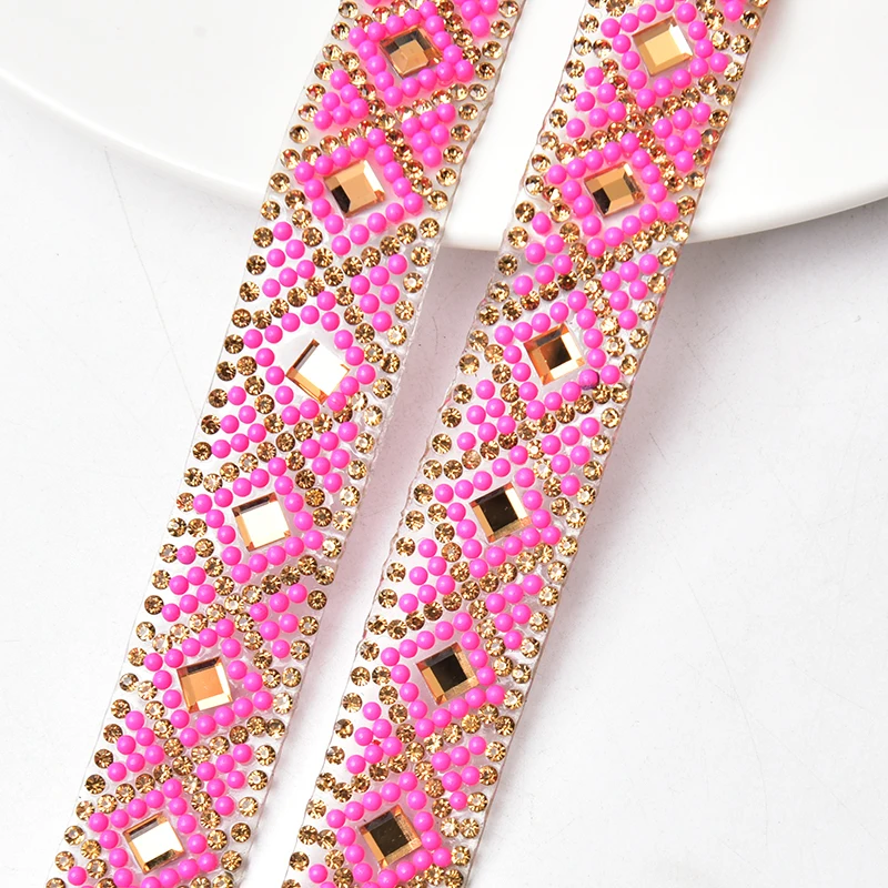 2Meter/Lot Black And Pink Rhinestone Trim Ribbon Hotfix Self-Adhesive Crystal Stone Beads Tape For Shoes Hat Wedding Dress Belt