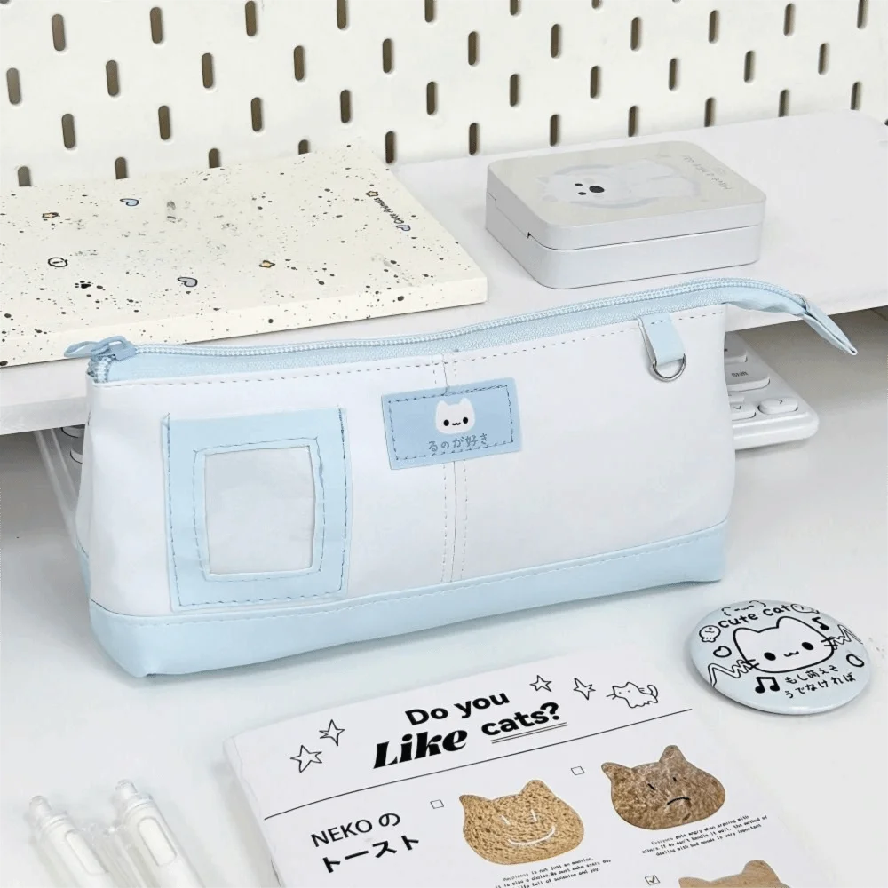 Kawaii PU Leather Pencil Case Large Capacity with Photo Window Pen Bag Stationery Organizer School Office Supplies