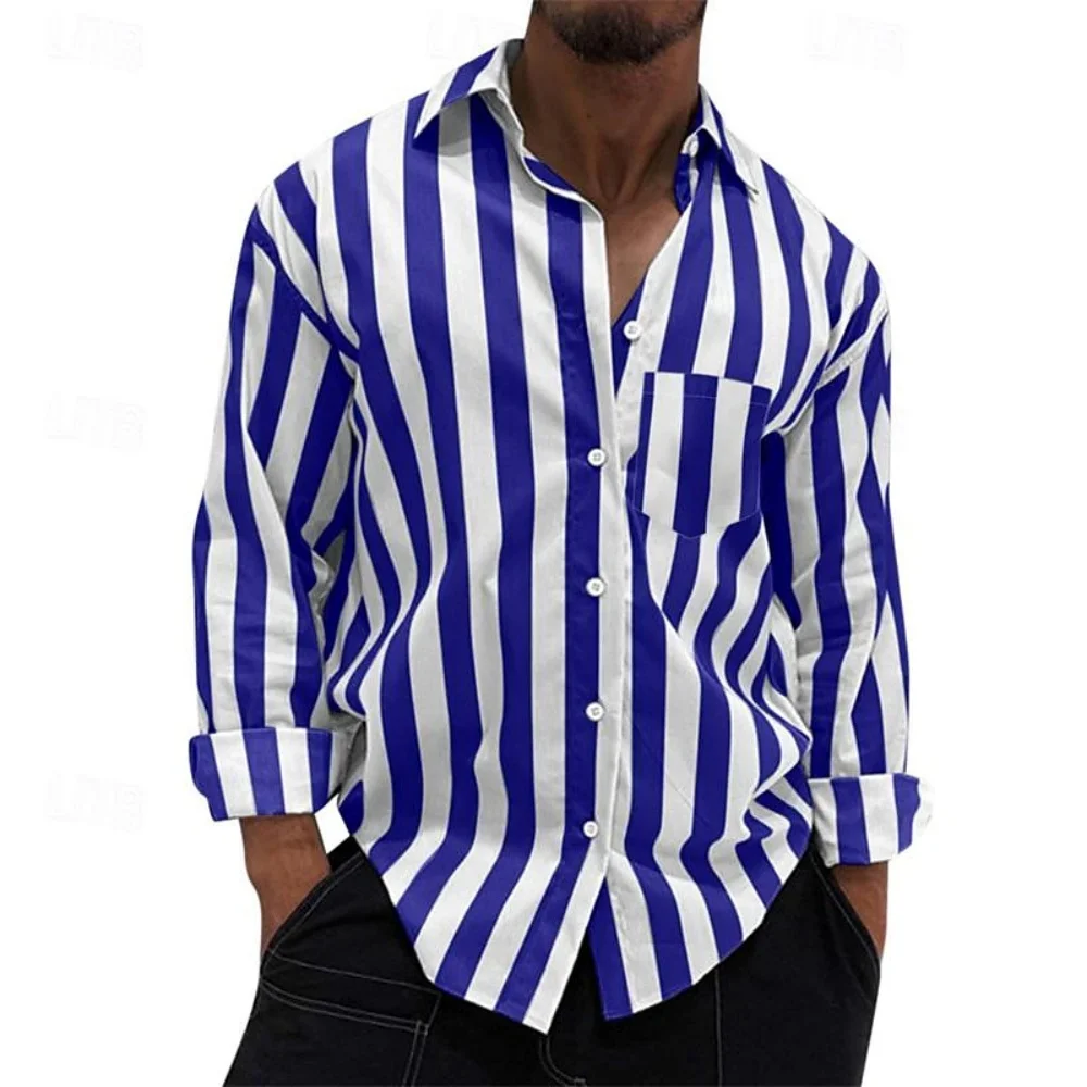 Men's hot selling striped shirts, pocket printed lapel shirts, holiday fashion business casual high-quality men's shirts