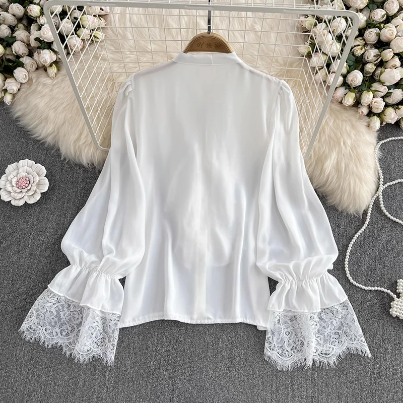 EWQ Elegant Bow Lace-up Lace Spliced Design Shirt For Women Loose Long Sleeves Top Solid Color Fashion Clothing 2024 New 27C891