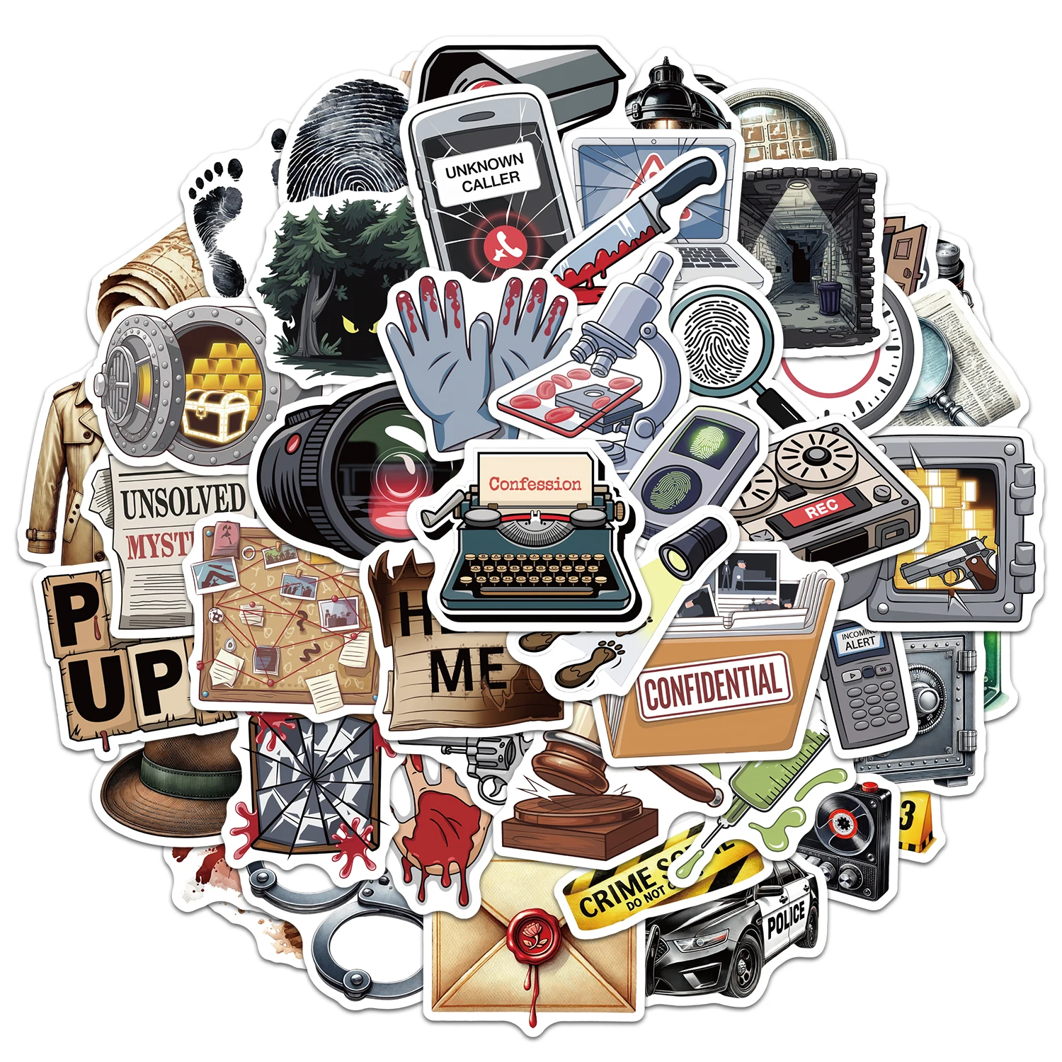 10/30/50PCS Cartoon Detective Crime Mystery Vintage Stickers Police Case DIY Decor Phone Laptop Journal Graffiti Sticker Pack