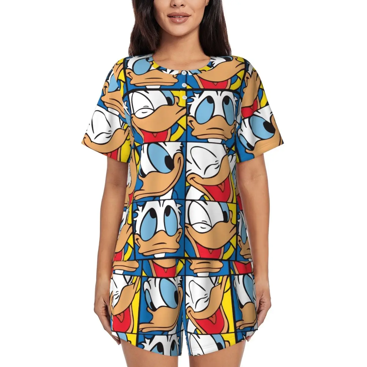 

Женские пижамные комплекты Happy Donald Duck Meme из двух предметов, пижамы с короткими рукавами и шортами, одежда для сна