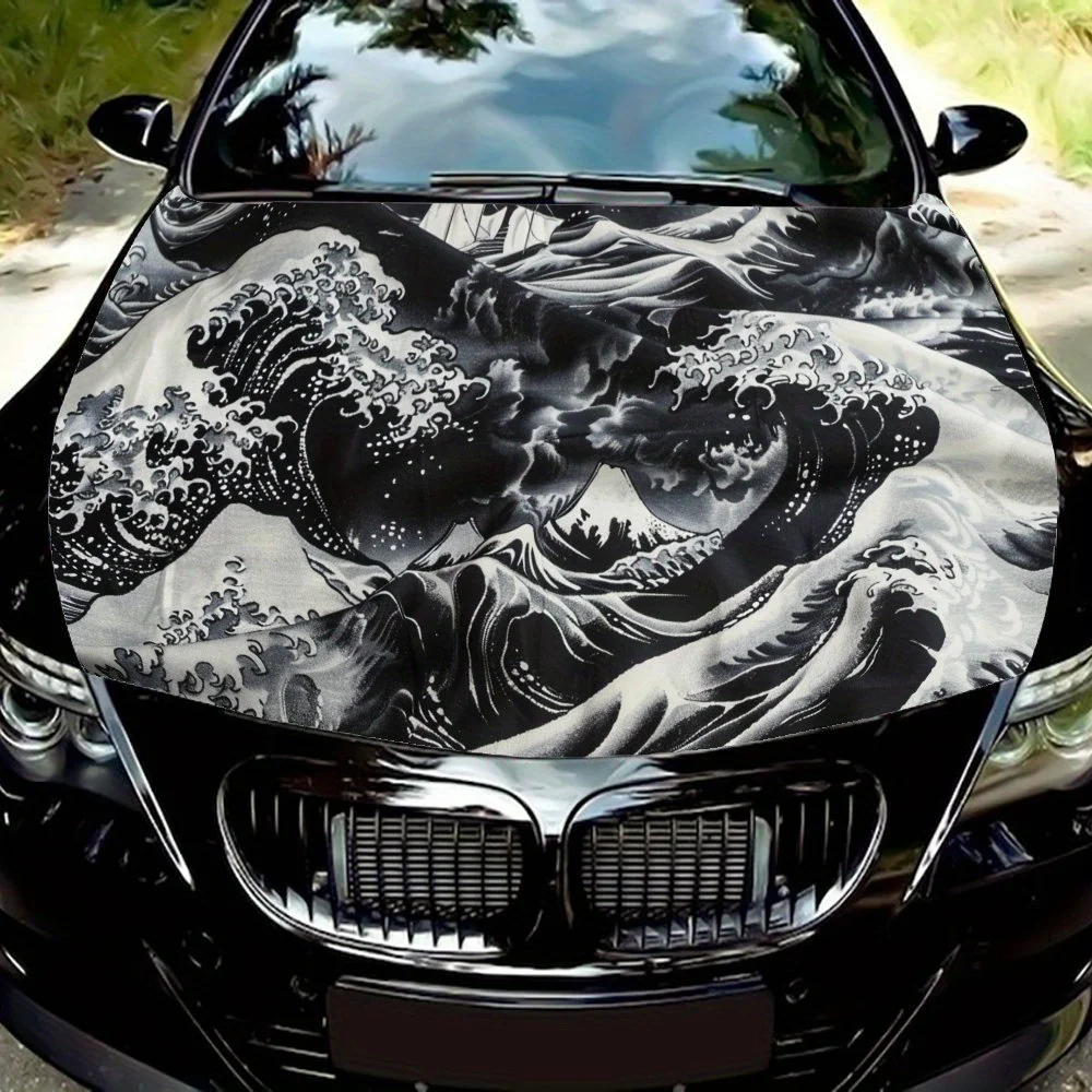 

Black and White Tone Japanese Wave Lines Car Hood Wrap Color Vinyl Sticker Truck Graphic Bonnet Auto Accessories Decoration Deca
