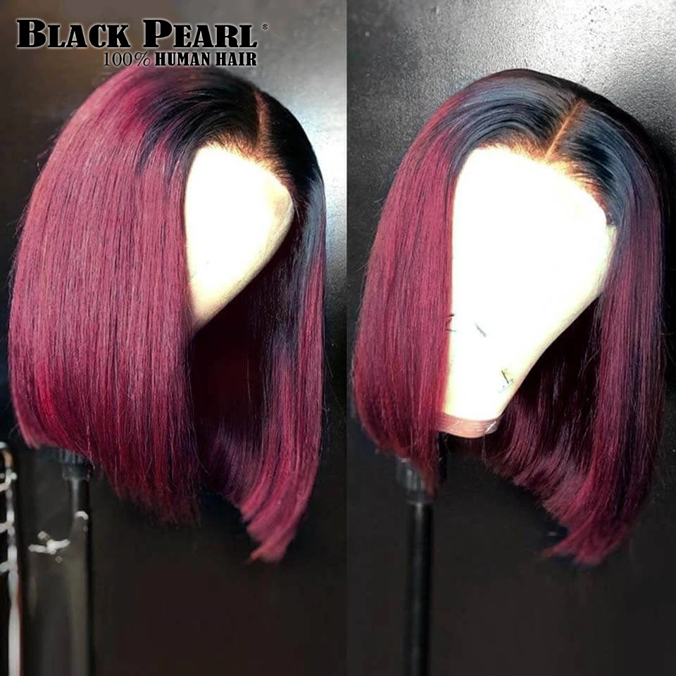 Ombre Burgundy Straight Short Bob Wig Side Part Lace Front Human Hair Wigs For Black Women Tanie kolorowe brazylijskie peruki z włosów