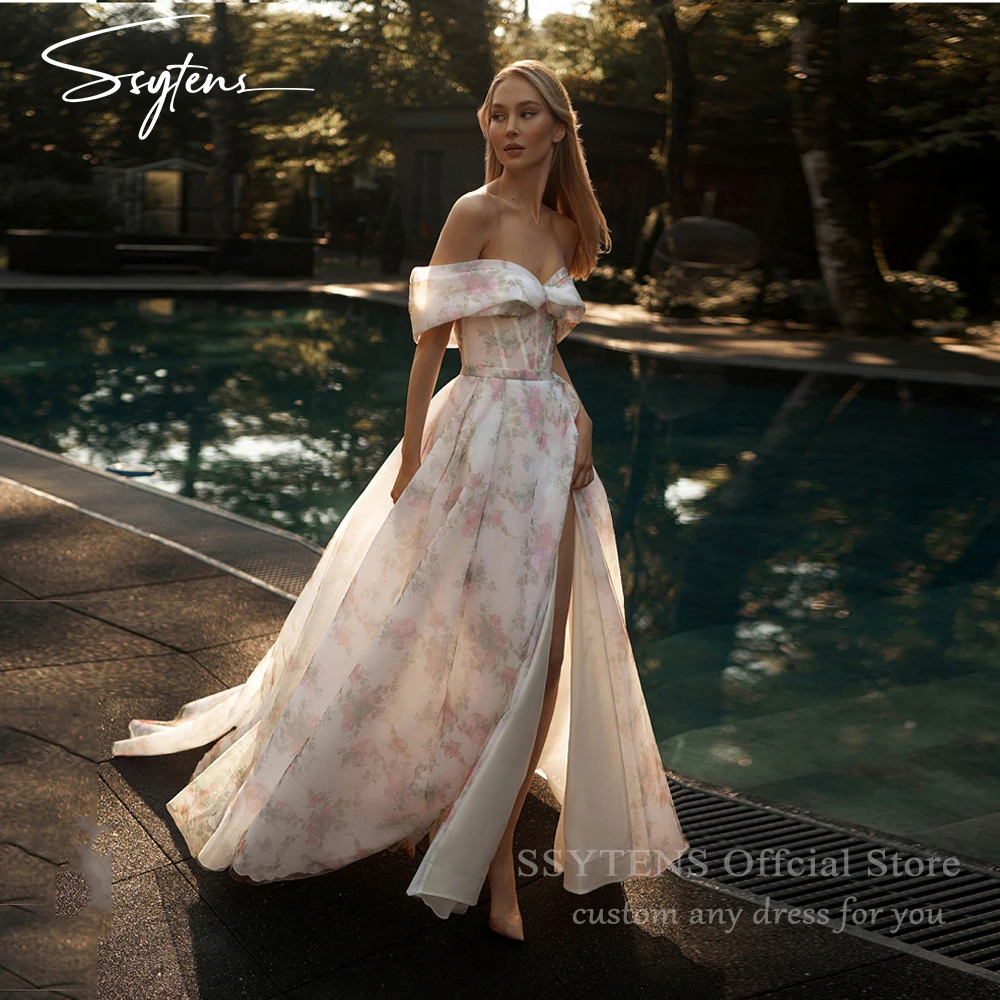

SSYTENS Long Princess Evening Dresses Off Shoulder Birthday Party Dresses Sexy Slit Prom Gown Floral Print Prom Dress Customized