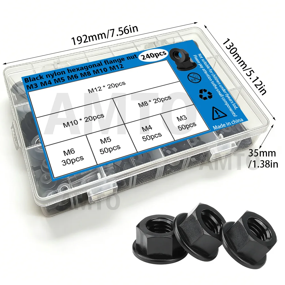M3 M4 M5 M6 M8 M10 M12, 240-Piece Black Metric Nylon Hexagonal Flange Nut Sorting Kit
