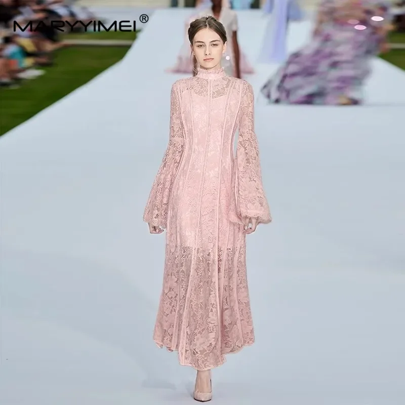 فستان نسائي موضة ربيع الخريف من MARYYIMEI بياقة مكشكشة وأكمام مضيئة فساتين دانتيل مخططة