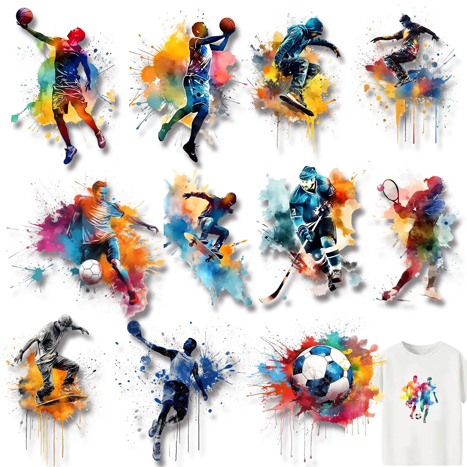 Baloncesto fútbol béisbol Hockey sobre hielo monopatín deporte acuarela Cool Furious Iron-on transferencias pegatinas para tela de hombre