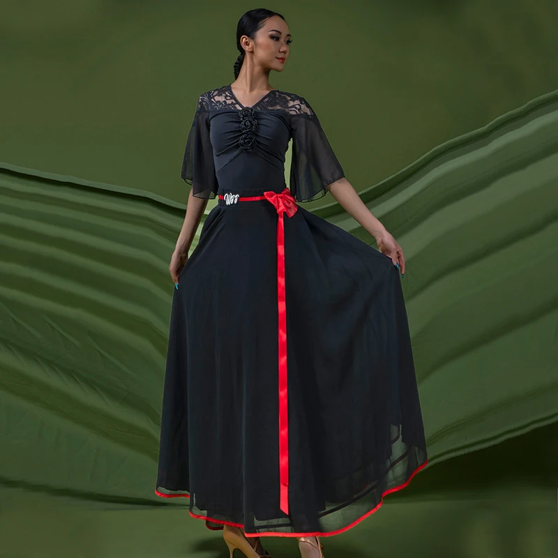 جديد الفالس قاعة الرقص أزياء رقص شبكة سوداء اللاتينية تنورة طويلة المرأة الحديثة الرقص الدعاوى مرحلة الأداء ارتداء SL10393