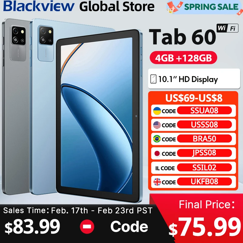 تابلت Blackview Tab 60 WIFI الجديد بشاشة 10.1 بوصة HD IPS عرض Widevine L1 Android 14 12GB(4+8Expand) 128GB 5100mAh بطارية PC Pad