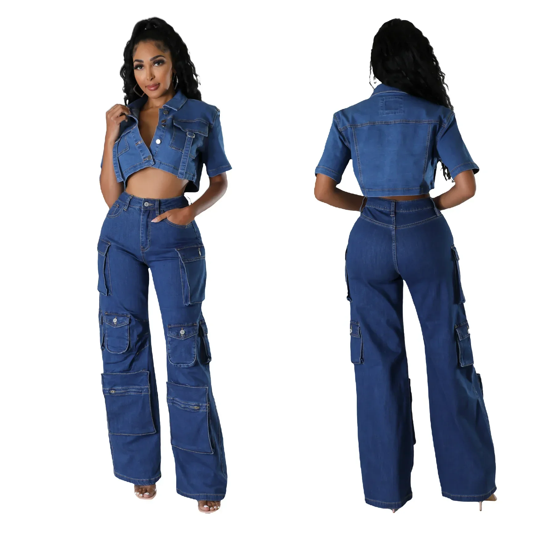 Women Jeans High Waist Cargo Pants Zipper Fly Washing Loose Fit Denim Pockets Streetwear Ankle Length Solid 2024 Summer