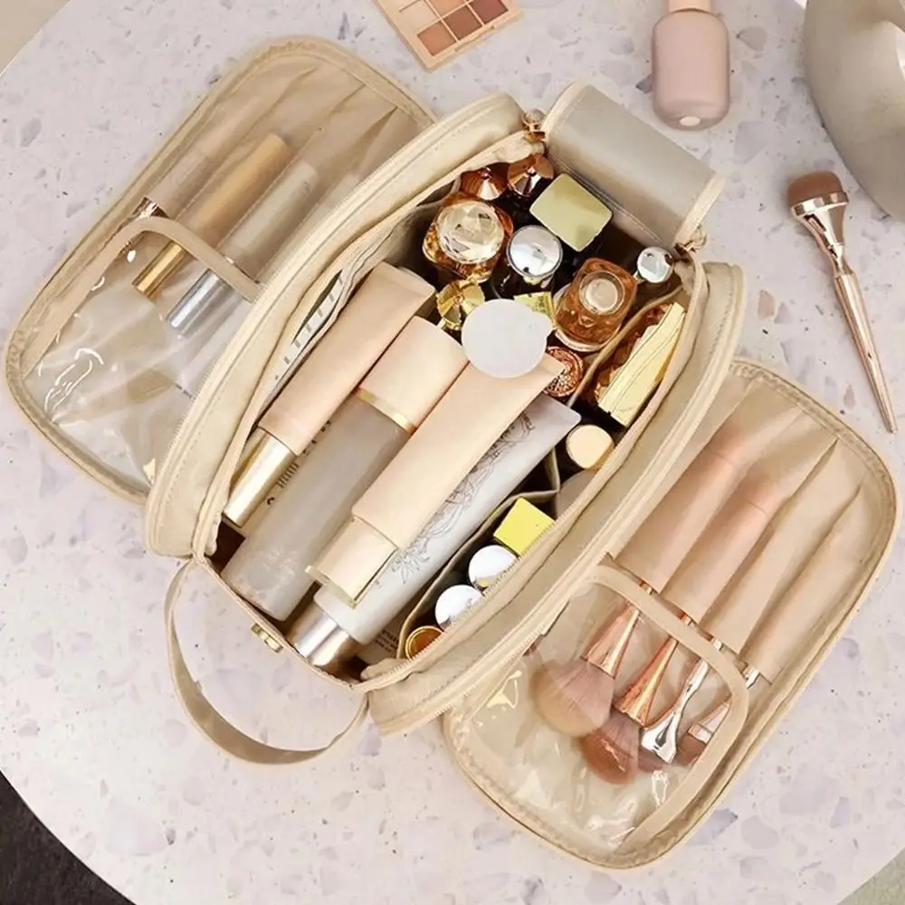 حقيبة مكياج نسائية محمولة بلون سادة وسحاب مزدوج للسفر منظم مستحضرات التجميل بسعة كبيرة من جلد البولي يوريثان حقيبة تخزين محمولة